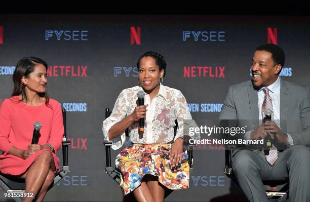 Veena Sud, Regina King, and Russell Hornsby speak onstage at the "Seven Seconds" panel at Netflix FYSEE on May 22, 2018 in Los Angeles, California.