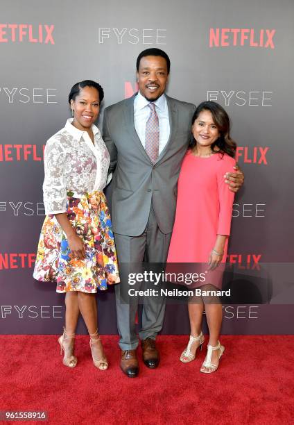 Regina King, Russell Hornsby, and Veena Sud attend the "Seven Seconds" panel at Netflix FYSEE on May 22, 2018 in Los Angeles, California.