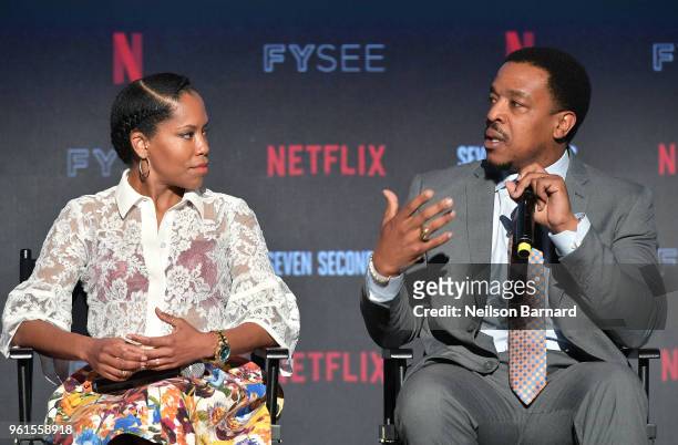 Regina King and Russell Hornsby speak onstage at the "Seven Seconds" panel at Netflix FYSEE on May 22, 2018 in Los Angeles, California.