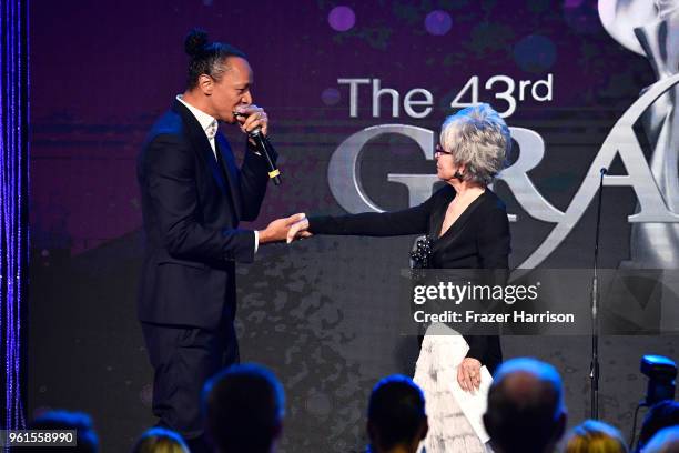 Frederic Yonnet and Rita Moreno perform onstage at the 43rd Annual Gracie Awards at the Beverly Wilshire Four Seasons Hotel on May 22, 2018 in...