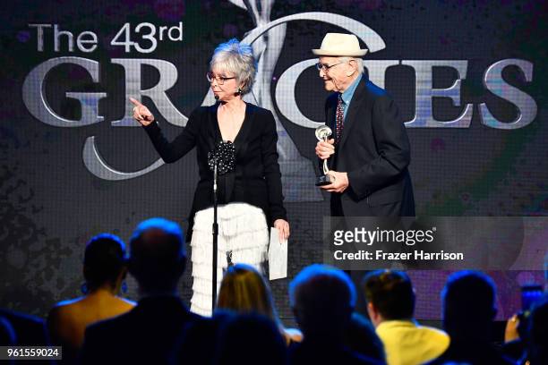 Norman Lear presents an award to Rita Moreno onstage at the 43rd Annual Gracie Awards at the Beverly Wilshire Four Seasons Hotel on May 22, 2018 in...