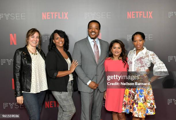 Lorraine Ali, Kristi Henderson, Russell hornsby, Veena Sud, and Regina King attend the "Seven Seconds" panel at Netflix FYSEE on May 22, 2018 in Los...