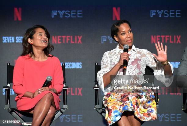 Veena Sud and Regina King speak onstage at the "Seven Seconds" panel at Netflix FYSEE on May 22, 2018 in Los Angeles, California.