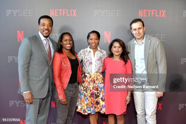 Russell Hornsby, Shalisha Francis, Regina King, Veena Sud, and Alex Reznik attend the "Seven Seconds" panel at Netflix FYSEE on May 22, 2018 in Los...