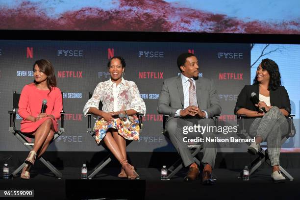 Veena Sud, Regina King, Russell Hornsby, and Kristi Henderson speak onstage at the "Seven Seconds" panel at Netflix FYSEE on May 22, 2018 in Los...