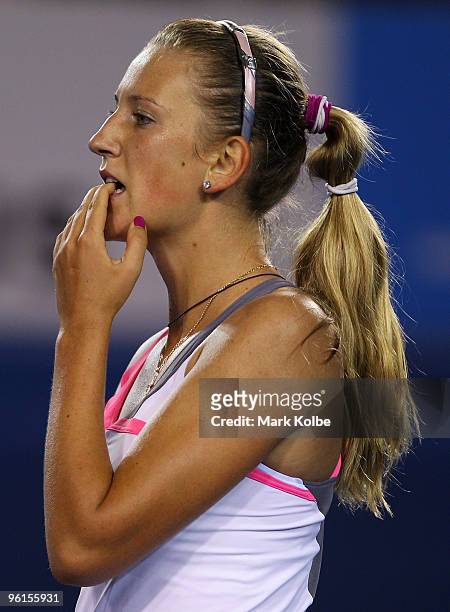 Victoria Azarenka of Belarus reacts after a point in her fourth round match against Vera Zvonareva of Russia during day eight of the 2010 Australian...