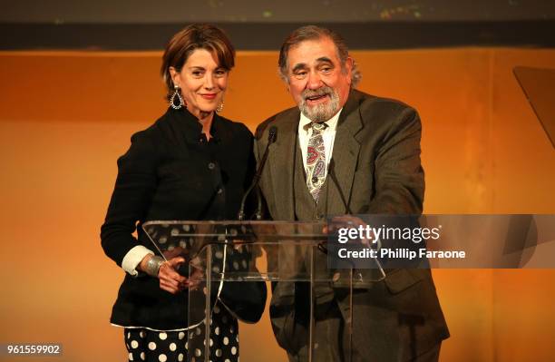 Wendie Malick and Dan Lauria speak onstage during the 28th Annual Environmental Media Awards at Montage Beverly Hills on May 22, 2018 in Beverly...