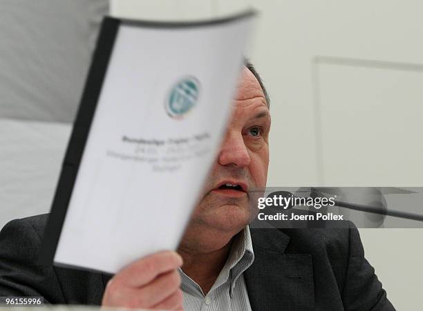 Harald Stenger, head of communication of German football association speaks to the media during a DFB press conference at the Le Meridien Hotel on...