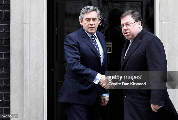 British Prime Minister Gordon Brown greets Ireland's Taoiseach Brian Cowen at Downing Street on January 25, 2010 in London, England. Mr Cowen...