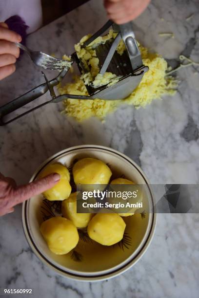 boiled potatoes next to a steel potato ricer with pressed potatoes on a table - potato masher bildbanksfoton och bilder