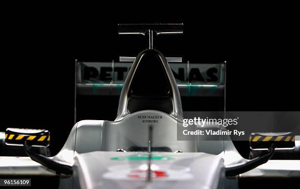 Michael Schumacher's and Nico Rosberg's names are seen on the cock pit of last year's Brawn GP car in the new colours of Mercedes GP Petronas team...