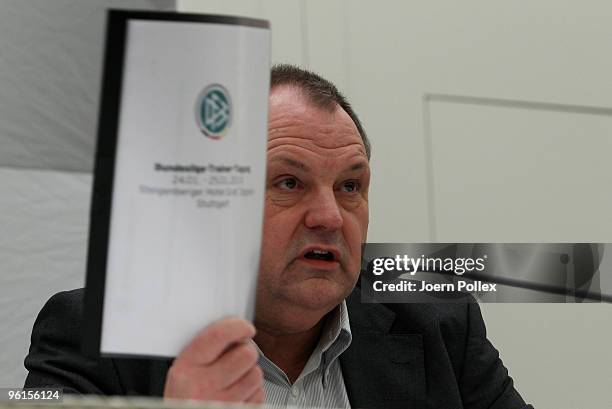 Harald Stenger, head of communication of German football association speaks to the media during a DFB press conference at the Le Meridien Hotel on...