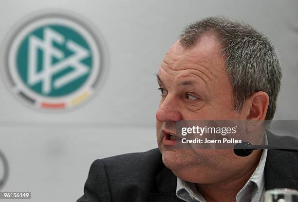 Harald Stenger, head of communication of German football association speaks to the media during a DFB press conference at the Le Meridien Hotel on...