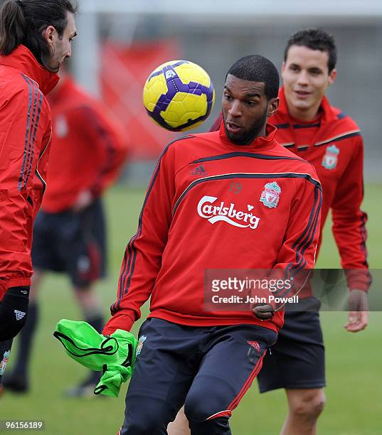 Ryan Babel in action during a Liverpool team training session at Melwood training ground on January 25, 2010 in Liverpool, England.