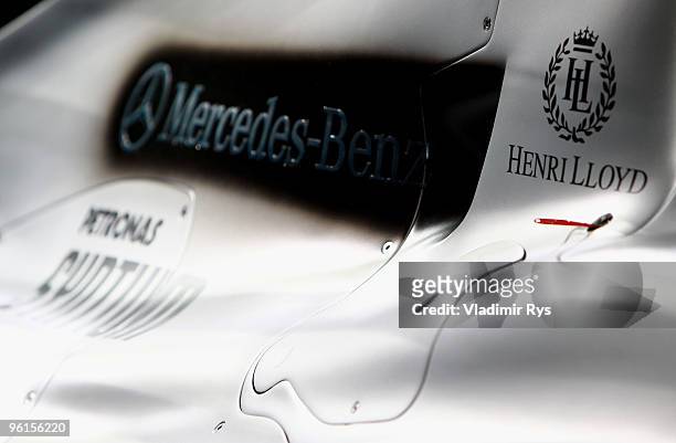 A detail view of the last year's Brawn GP car in the new colours of Mercedes GP Petronas team is seen during the Mercedes GP Petronas Formula One...