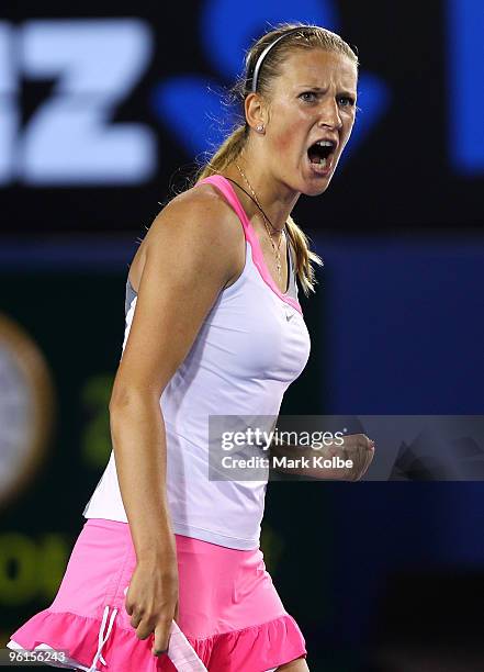 Victoria Azarenka of Belarus celebrates winning a point in her fourth round match against Vera Zvonareva of Russia during day eight of the 2010...