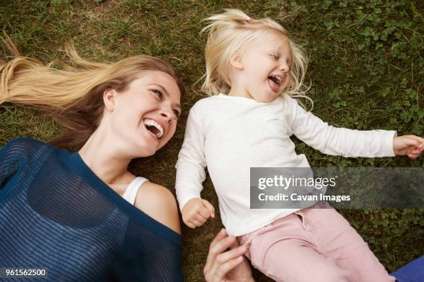 overhead view of happy family lying on grassy field - blonde girl sticking out her tongue stock pictures, royalty-free photos & images