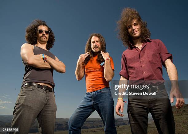 Haggai Fershtman, Ami Shalev and Yonatan Gat of Monotonix pose backstage for a group portrait at the Sasquatch Music Festival on May 24th 2009 at...