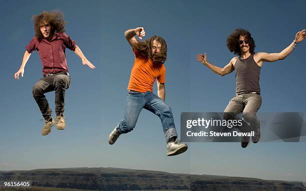 Yonatan Gat, Ami Shalev and Haggai Fershtman of Monotonix pose backstage for a group portrait at the Sasquatch Music Festival on May 24th 2009 at...