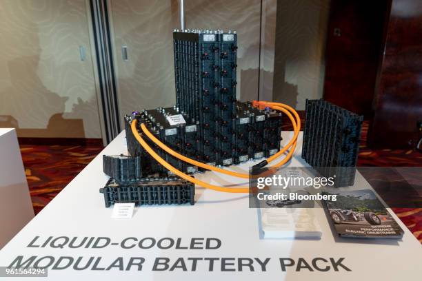 Xing Mobility Inc.'s modular battery system stands on display in Hong Kong, China, on Wednesday, May 23, 2018. Xing Mobility Chief Executive Officer...