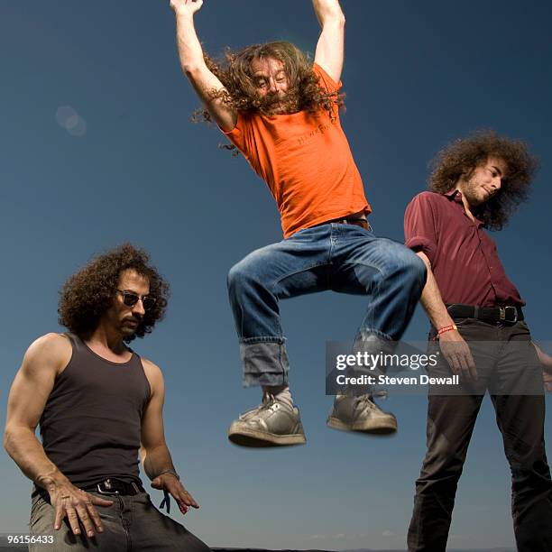 Haggai Fershtman, Ami Shalev and Yonatan Gat of Monotonix pose backstage for a group portrait at the Sasquatch Music Festival on May 24th 2009 at...