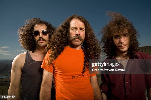 Haggai Fershtman, Ami Shalev and Yonatan Gat of Monotonix pose backstage for a group portrait at the Sasquatch Music Festival on May 24th 2009 at...