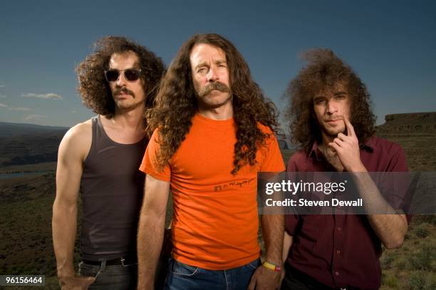 Haggai Fershtman, Ami Shalev and Yonatan Gat of Monotonix pose backstage for a group portrait at the Sasquatch Music Festival on May 24th 2009 at...