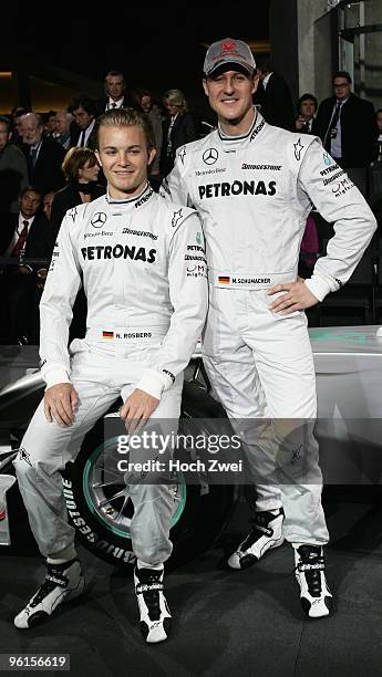 Nico Rosberg and his team mate Michael Schumacher both Germany and Mercedes GP Petronas pose for a photo during the Mercedes GP Petronas Formula One...