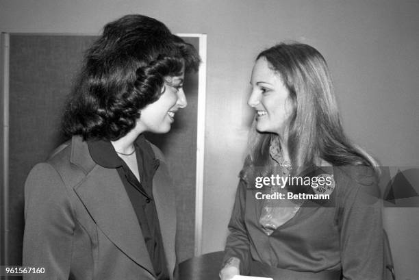 Patricia Hearst , who has remained out of the spotlight since she was released from prison, chats with the late Re. Leo Ryan's aide, Jackie Speier,...