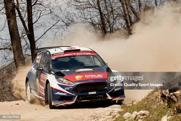 Gus Greensmith of Great Britain and Craig Parry of Great Britain in their Ford Fiesta R5 during day three of World Rally Championship Portugal on May...