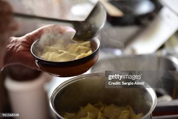 serving tortellini into a bowl - cucharón fotografías e imágenes de stock