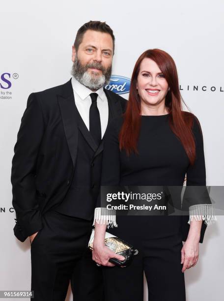 Nick Offerman and Megan Mullally arrive at the 43rd Annual Gracie Awards at the Beverly Wilshire Four SeasonsHotel on May 22, 2018 in Beverly Hills,...
