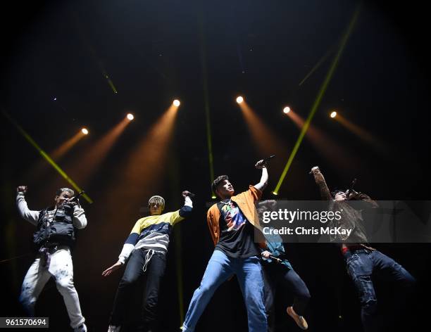 Edwin Honoret, Zion Kuwonu, Nick Mara, Austin Porter, and Brandon Arreaga of PRETTYMUCH performs at Infinite Energy Arena on May 22, 2018 in Duluth,...