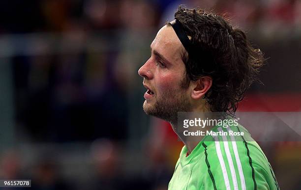 Silvio Heinevetter, goalkeeper of Germany looks dejected during the Men's Handball European Championship Group C match between Germany and Sweden at...