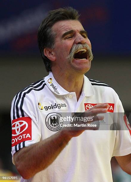 Heiner Brand, head coach of Germany gestures during the Men's Handball European Championship Group C match between Germany and Sweden at the Olympia...
