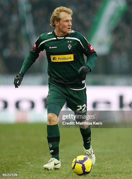 Tobias Levels of Moenchengladbach runs with the ball during the Bundesliga match between Hertha BSC Berlin and Borussia Moenchengladbach at Olympic...