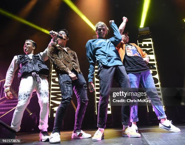 Edwin Honoret, Brandon Arreaga, Austin Porter, and Nick Mara of PRETTYMUCH perform at Infinite Energy Arena on May 22, 2018 in Duluth, Georgia.