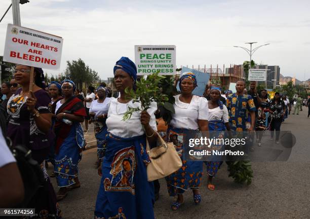 Catholic faithful stage a peaceful protest to condemn the rampant killing in Benue State, North Central of Nigeria in Abuja, Nigeria's capital on May...