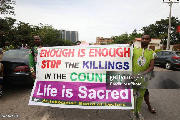 Catholic faithful stage a peaceful protest to condemn the rampant killing in Benue State, North Central of Nigeria in Abuja, Nigeria's capital on May...