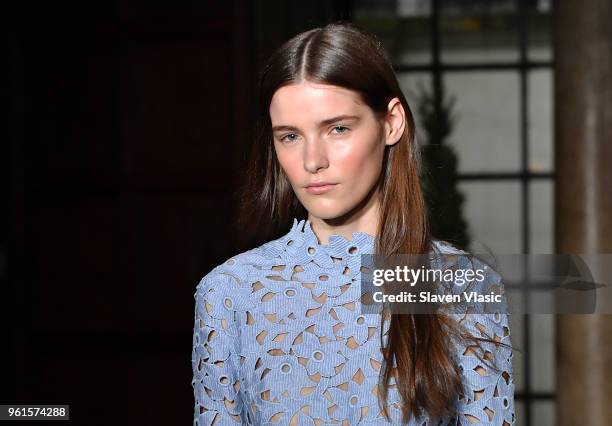 Model walks the runway at Oscar De La Renta Resort 2019 Runway Show at Academy Mansion on May 22, 2018 in New York City.