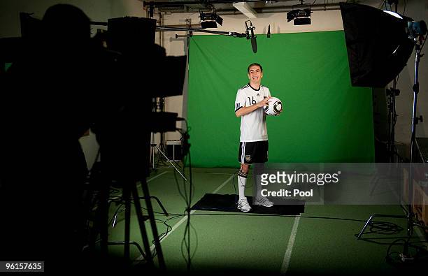 Philipp Lahm of the Geman national football team shooting a commercial during the German Football Association media day on January 25, 2010 in...