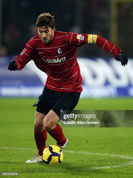 Heiko Butscher of Freiburg runs with the ball during the Bundesliga match between SC Freiburg and VfB Stuttgart at the Badenova Arena on January 22,...