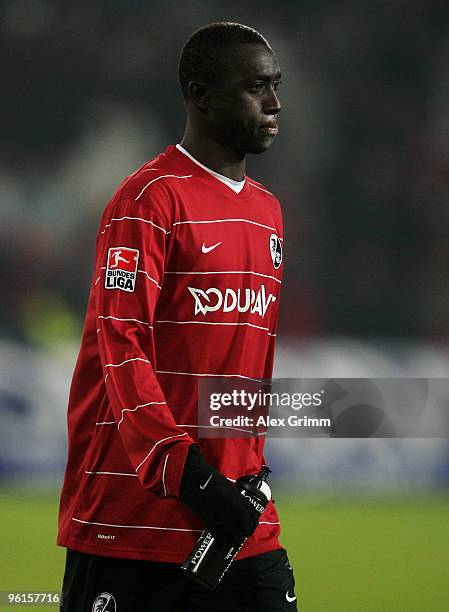 Papiss Cisse of Freiburg reacts after the Bundesliga match between SC Freiburg and VfB Stuttgart at the Badenova Arena on January 22, 2010 in...