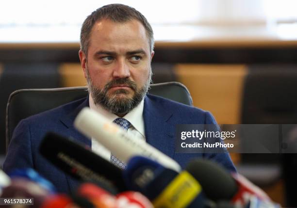 President of Football Federation of Ukraine Andriy Pavelko talks to media during the press conference in Kyiv, Ukraine, May 22, 2018. Ukrainian...