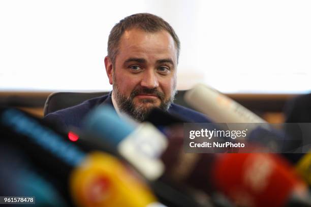 President of Football Federation of Ukraine Andriy Pavelko talks to media during the press conference in Kyiv, Ukraine, May 22, 2018. Ukrainian...