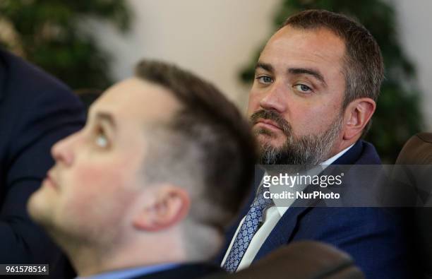 President of Football Federation of Ukraine Andriy Pavelko is seen during the press conference in Kyiv, Ukraine, May 22, 2018. Ukrainian police in...
