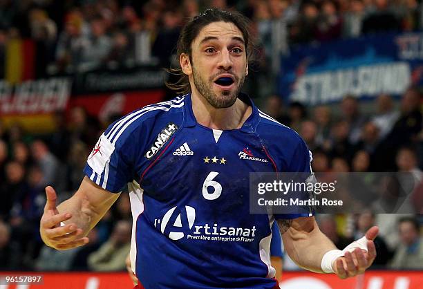 Bertrand Gille of France reacts during the Men's Handball European main round Group II match between Germany and France at the Olympia Hall on...
