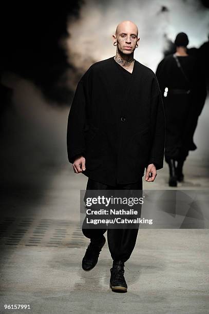 Model walks the runway at the Damir Doma fashion show during Paris Menswear Fashion Week Autumn/Winter 2010 on January 23, 2010 in Paris, France.