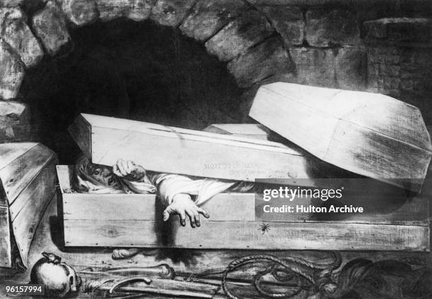 Cholera victim awakens to find themselves already in their coffin, 1854. 'L'Inhumation Precipitee' or 'The Premature Burial' by Belgian artist...