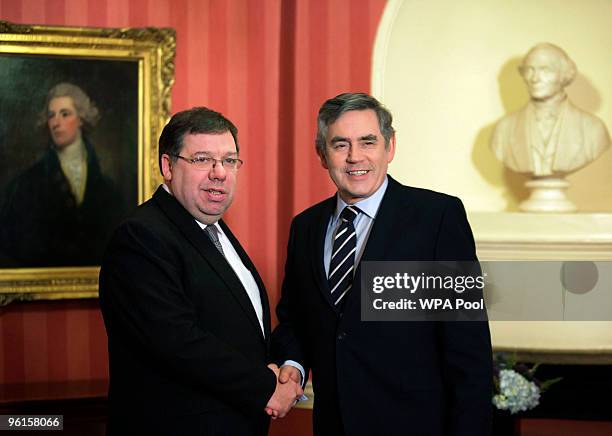 British Prime Minister Gordon Brown greets Ireland's Taoiseach Brian Cowen at Downing Street on January 25, 2010 in London, England. Mr Cowen...